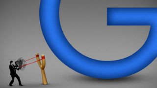 巨大な Google ロゴのイラストと、ロゴを狙ってパチンコを引っ張る小さな人物の横。 